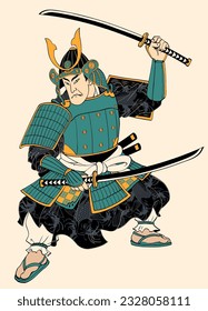 Hand Drawn of Samurai in Ancient Japanese Painting Style Illustration