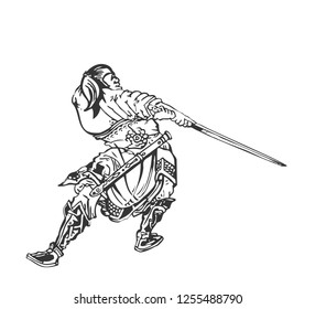 Hand drawn samurai in a fighting pose with a weapon.  Japanese warrior in a combat duel with a sword. Manual graphic drawing. Vector illustration