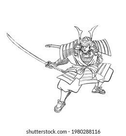 Hand drawn samurai in a fighting pose with a weapon. Japanese warrior in a combat duel with a sword. Manual graphic drawing. Vector