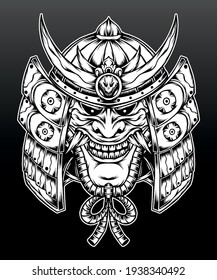 Hand drawn samurai helmet with hannya mask. Premium vector