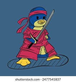 hand drawn samurai penguin character illustration