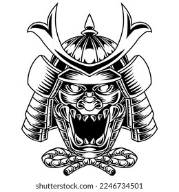hand drawn of Samurai robot head line art