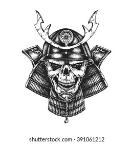 Hand drawn samurai skull wearing kabuto helmet. Vector illustration