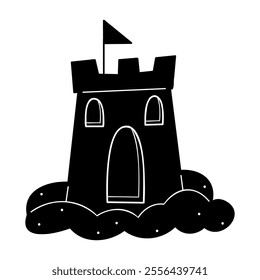 Hand drawn sand castle in black and white colors. Doodle clip art for your projects.