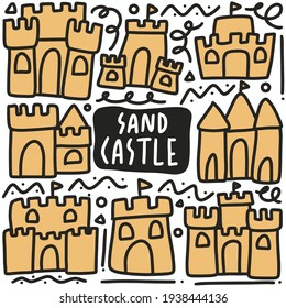 hand drawn sand castle doodle set with icons and design elements