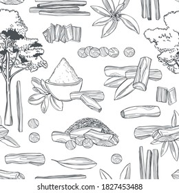  Hand drawn Sandalwood(Santalum) set on white background. Vector  seamless pattern. 