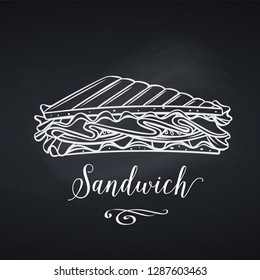 Hand drawn sandwich badge icon. Illustration fast food for cafe menu design. Chalkboard style