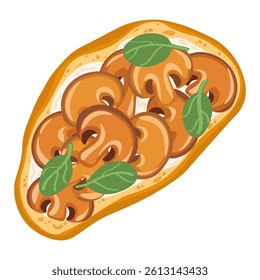 Hand drawn sandwich with fried mushrooms, cream cheese and spinach leaves isolated on white background