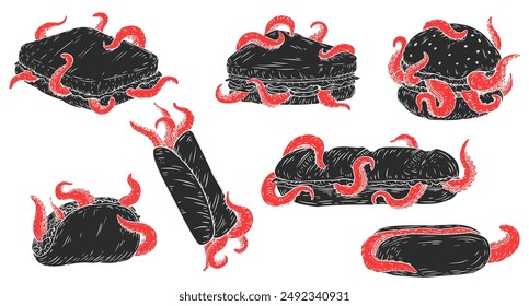 Hand drawn sandwich, hamburger, kebab, hot dog, taco with octopus tentacles. Set vector art fast food in sketch style. Creative illustration for  print, tattoo.