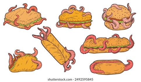 Hand drawn sandwich, hamburger, kebab, hot dog, taco with octopus tentacles. Set vector art fast food in sketch style. Creative illustration for print, tattoo.