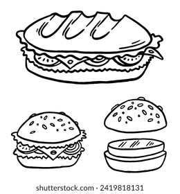 Hand drawn sandwich illustration. Vector graphic of a delicious sub with fresh ingredients. Perfect for menus and food-related designs.