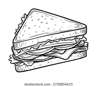 Sanduíche desenhado à mão com camadas de queijo de carne e alface um fundo de alimento branco