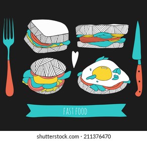 Hand drawn sandwich set. Food vector illustration for kitchen and cafe stuff