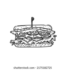 Hand Drawn Sandwich Sketch Illustration. Sandwich Doodle Illustration On White Background.