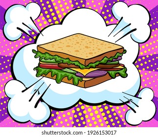 Hand drawn sandwich. Vector Fast Food sketch. Comic book style, pop art retro vector illustration