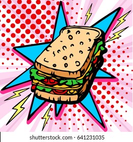 Hand drawn sandwich. Vector  Fast Food sketch. Comic book style, pop art retro vector illustration.