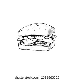 Hand drawn sandwich vintage illustration. Engraving style black and white on white backgrounds. Vector