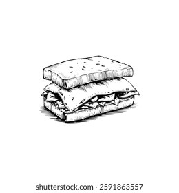 Hand drawn sandwich vintage illustration. Engraving style black and white on white backgrounds. Vector