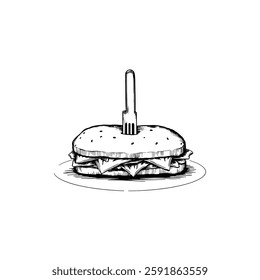 Hand drawn sandwich vintage illustration. Engraving style black and white on white backgrounds. Vector