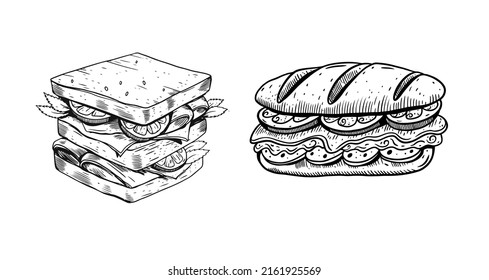 Handgezeichnete Sandwiches. Schwarze farbige Vektorgrafik einzeln auf weißem Hintergrund. Sketch-Stil.