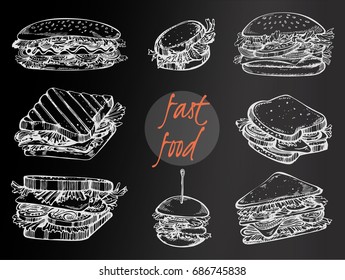 Hand drawn sandwiches on the black background