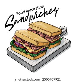 Hand drawn Sandwiches on Wooden Plate Food Illustration