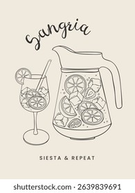 Hand Drawn Sangria Pitcher with Lemon and Orange Slices. Spanish Summer Drink Illustration. Vector sketchy line art for wall decor, card, cover, social media, ads, print, menu design.
