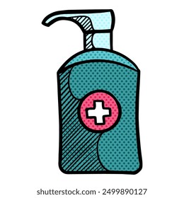 Hand drawn sanitizer bottle halftone color vector illustration