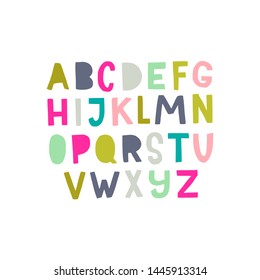 Hand drawn sans serif block letters alphabet. Cartoon English ABC in paper cut style. Multicolored typography design in latin characters. Poster with different capital letters. Vector illustration.