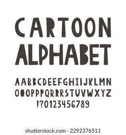 Letras de mano sans serif letras en inglés ABC. Alfabeto infantil primitivo de caricatura en estilo doodle simple. Diseño de tipografía monocromática en caracteres latinos. Diferentes letras mayúsculas y números.