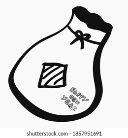 Hand drawn santa bag in doodle style for celebrating Christmas and New Year. Hand drawn isolated vector icon.