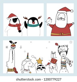 Hand drawn Santa Claus and animals enjoying a Christmas holiday