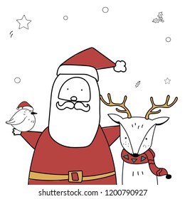 Hand drawn Santa Claus and animals enjoying a Christmas holiday