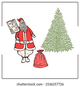 Hand drawn Santa Claus with a bag of gifts at the Christmas tree isolated on white background. Vector illustration for festive winter design.
