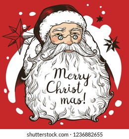 Hand drawn Santa Claus with big beard and lettering "Merry Christmas!" on it. Vector illustration