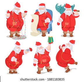 Hand drawn santa claus collection. Santa in traditional red costumes. Funny Santa Claus character with presents, bag  waving and greeting. Modern Santa Claus. Vector illustration