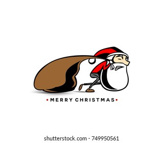 Hand drawn santa claus with gift bag, merry christmas text. vector illustration