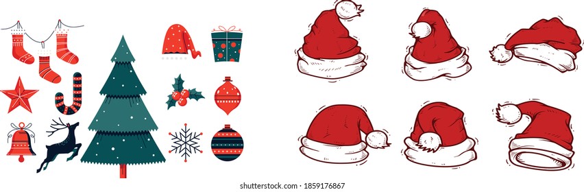hand drawn santa claus hat and christmas element
