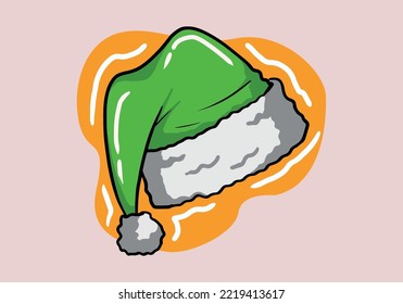 Hand drawn Santa Claus hat isolated on background. Flat style. Green noel hat.