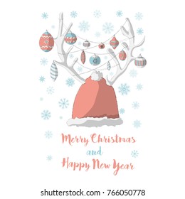 hand drawn santa claus hat, deer antlers decorated with balls