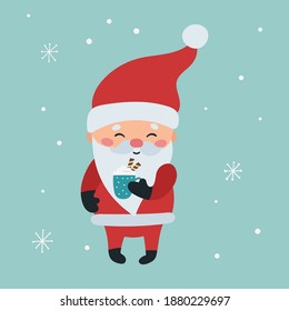 Hand drawn Santa Claus with hot chocolate. Vector Christmas greeting card. Cute cartoon kawaii character.