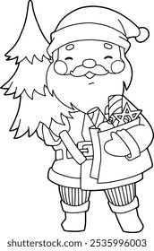 Hand drawn Santa Claus. Isolated on white. Coloring page. Sketch. Children's drawing. Vector illustration.