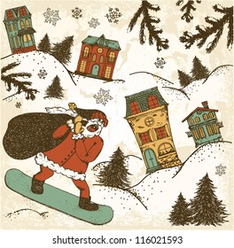 Hand drawn santa claus on a snowboard