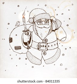 Hand Drawn Santa Claus & toy bag for Christmas design.