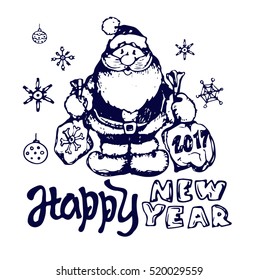 Hand drawn Santa Clause. Christmas and New Year illustration. Doodle funny Santa Claus. Happy new year! Merry Christmas!