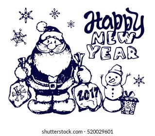 Hand drawn Santa Clause. Christmas and New Year illustration. Doodle funny Santa Claus. Happy new year! Merry Christmas!
