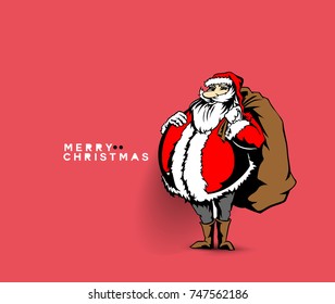 Hand drawn santa clause with gift bag, merry christmas text, vector illustration
