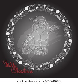 Hand drawn Santa, gifts and handwritten words Merry Christmas. White line silhouette on dark background. Vector illustration in doodle  style for greeting card, poster.