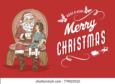 Hand drawn Santa with a girl sitting on his lap, Vector Illustration