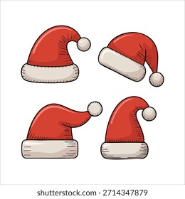 coleção de chapéu de Papai Noel desenhada à mão em várias poses arte vetorial isolada no fundo branco